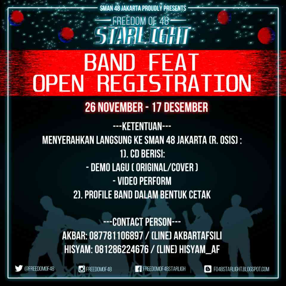 BAND FEATURING OPEN REGISTRATION
26 Nov-17 Des 2014
CP:  Akbar: 087781106897/akbartafsili
Sam: 081286224676/hisyam_af