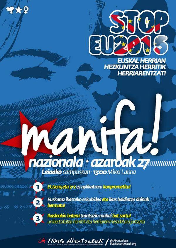 hitzartu's tweet photo. Bihar, azaroak 27, 13.00etan, Leioan, EU2015ren kontrako manifestazio nazionala. Gora ikasleon borroka! #EU2015Ez http://t.co/EcVzLqN0gD