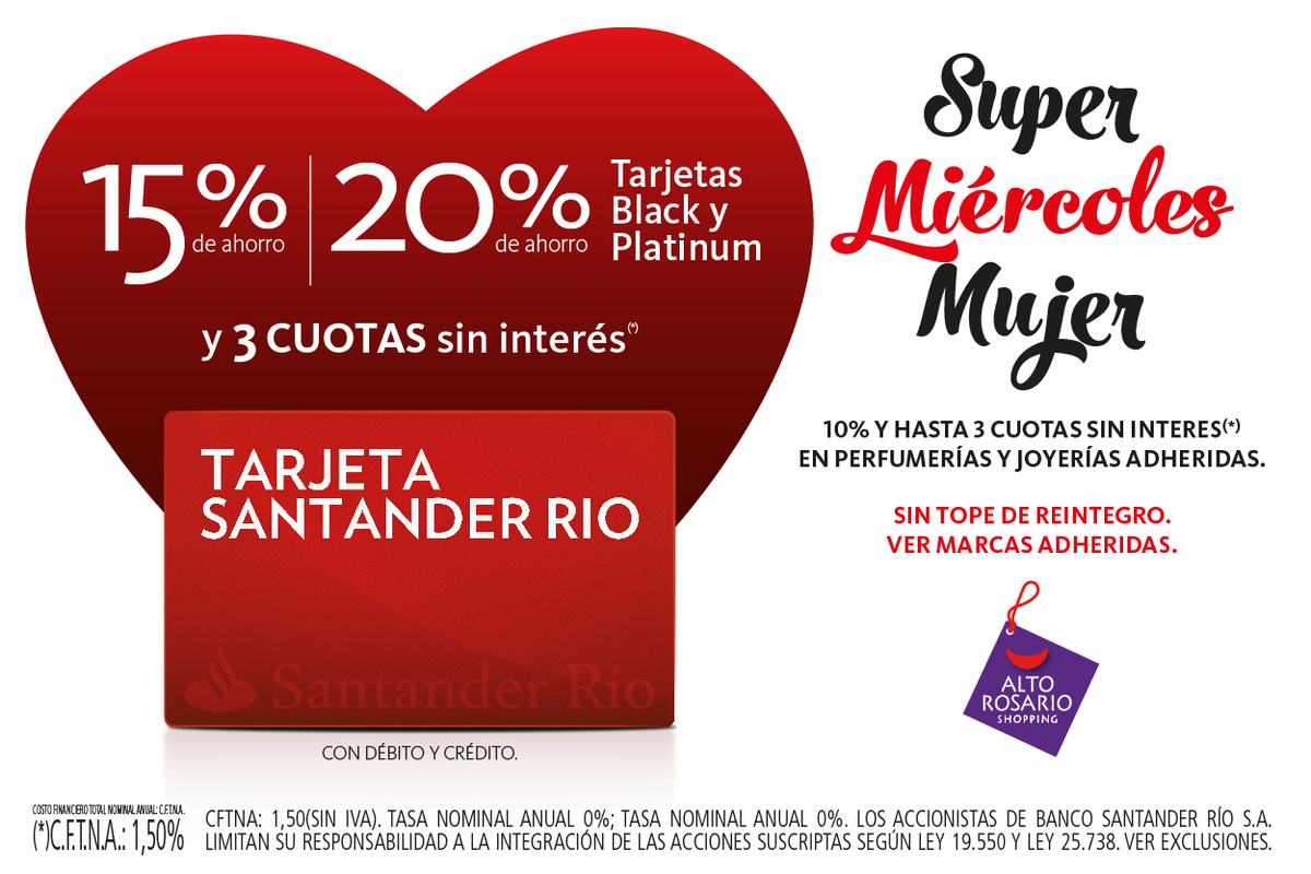 15% de ahorro con tus tarjetas de @SantanderRío en #AltoRosario en estos locales -> buff.ly/11UK4EY
