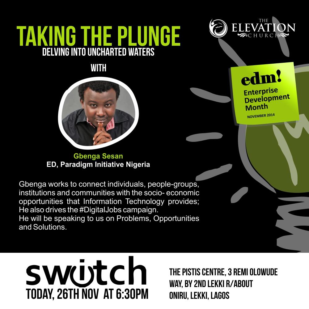 gbengasesan's tweet photo. "@elevationng: Join us for SWITCH today 6:30pm as we feature @gbengasesan (ED, Paradigm Initiative Nigeria) #EDM2014 http://t.co/GgqUvlX6o9"