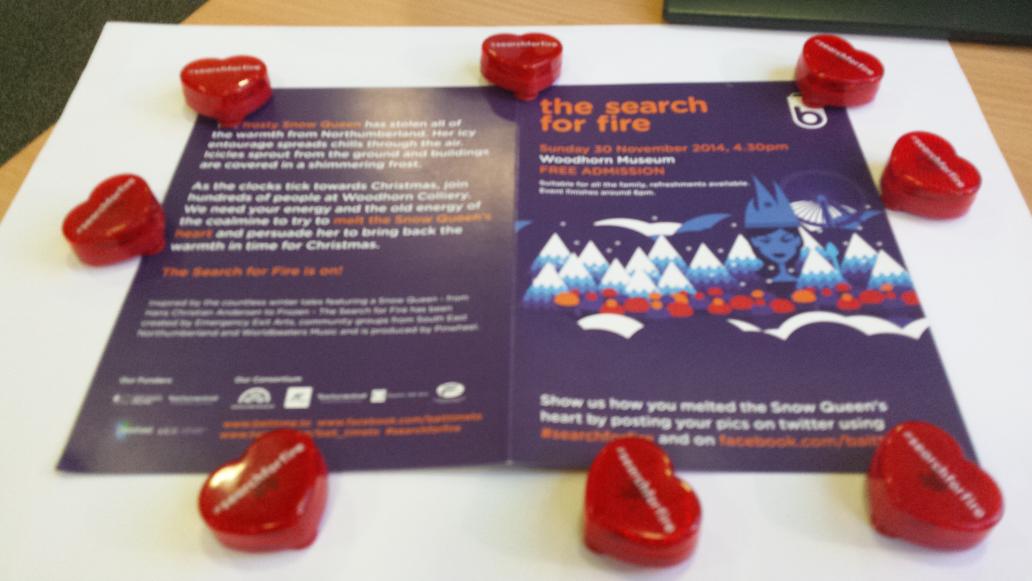 LDHBlaney's tweet photo. So excited about #searchforfire @Woodhorn on Sun - get your FREE flashing heart and come and melt the Snow Queen's! http://t.co/N0NXXLGrpC