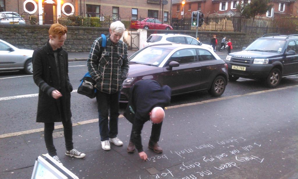 kenobidarth's tweet photo. Homeless action group making quotes with chalk in Antrim Road Belfast today&amp;getting public awareness @homelessvoiceNI http://t.co/wpfridsjRs