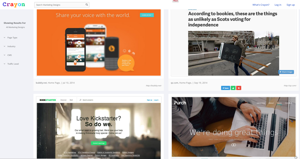 Building a new website? Crayon.co visualizes 11M marketing designs from across the web. Get inspired!