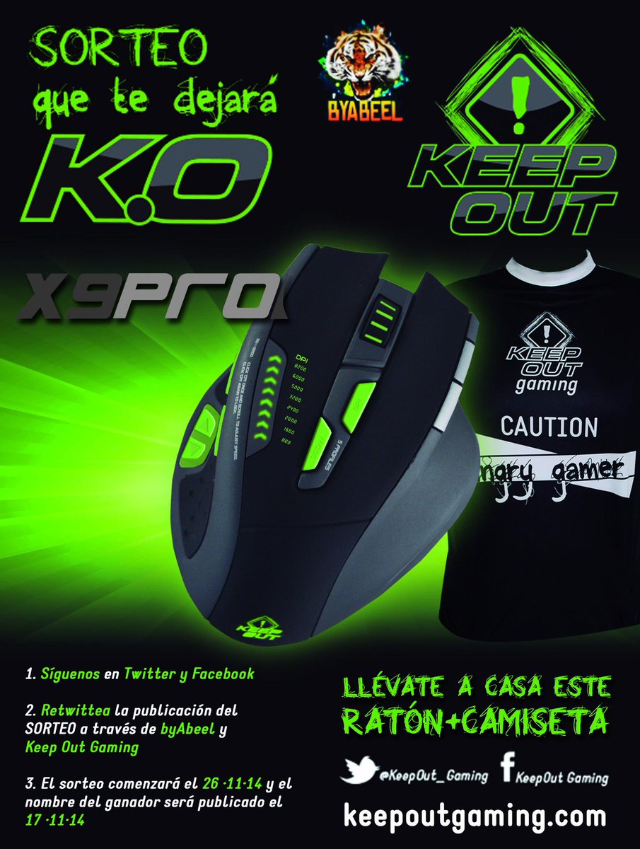 byAbeeL's tweet photo. ¿Quieres ganar un #ratón X9PRO+CAMISETA EXCLUSIVA de #KeepOutGaming? Sigue a @KeepOut_Gaming dale RT y participa! http://t.co/TunjgquhQ5