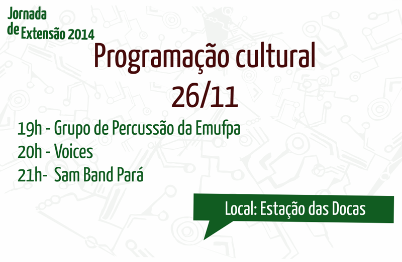 A partir das 19h, tem shows musicais na Estação das Docas. Veja a programação no site: jornada.proex.ufpa.br/index.php/feat…