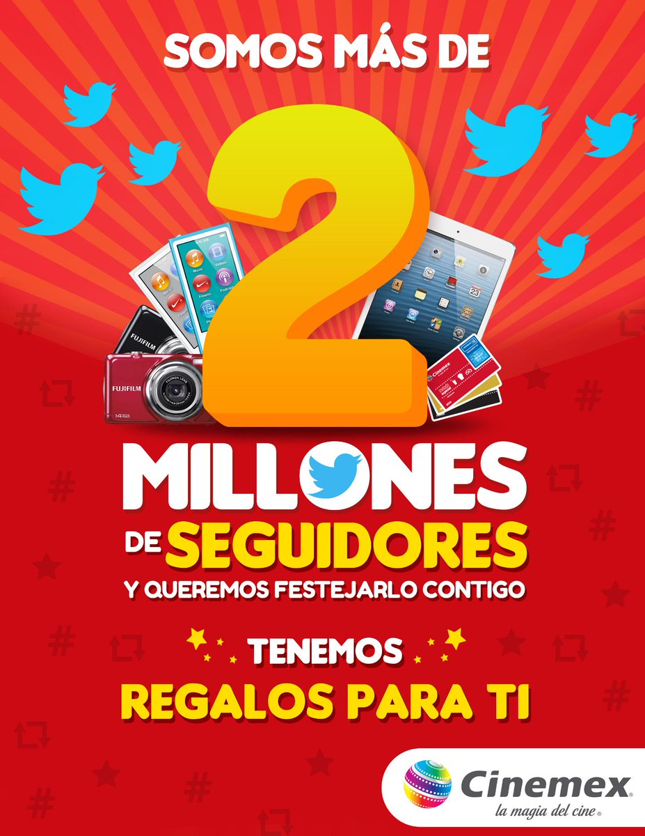 Cinemex's tweet photo. Gracias por ser parte de nuestro #2MillonesCinemex!!

RT para dar regalos. http://t.co/zXgNe6Mhlv