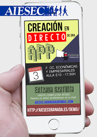 aiesecgranada's tweet photo. ¿Alguna vez te has preguntado cómo se crea de una app? Ven a :http://t.co/KYg2crn46n #AppEnVivo #AIESECGranada http://t.co/Be3oouHvL7