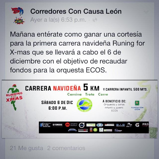 RunningForXmas's tweet photo. ¡Gana una cortesía para #RunningForXmas en el facebook de "Corredores Con Causa León"! http://t.co/Avua1BjFPo