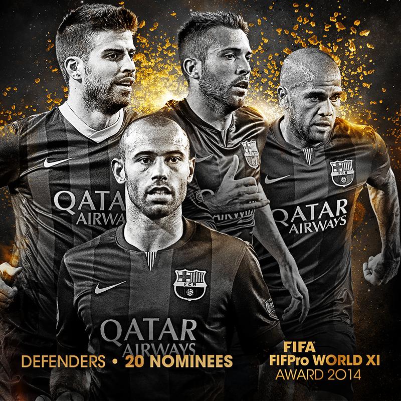 Cuatro defensas del Barça optan a formar parte del World XI de la FIFA (Foto <a href="/FIFPro/">FIFPRO</a>) ow.ly/EWqZN