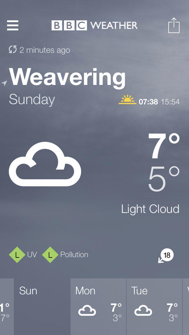 CliveJNewman1's tweet photo. BBC Weather forecast for Weavering. Sunday: Light Cloud. Max 7°C, min 5°C. http://t.co/Wu83iEcNy0 http://t.co/Mrrwehn2hK