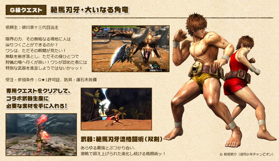 モンハン部 Mh4g 週刊少年チャンピオンで大人気連載中の 刃牙道 のコラボクエストが本日配信 生産できる双剣 範馬刃牙流格闘術 は素手での狩猟が可能となる特別仕様 1月配信予定の第2弾では刃牙になりきる防具が生産できるぞ モンハン部編集部