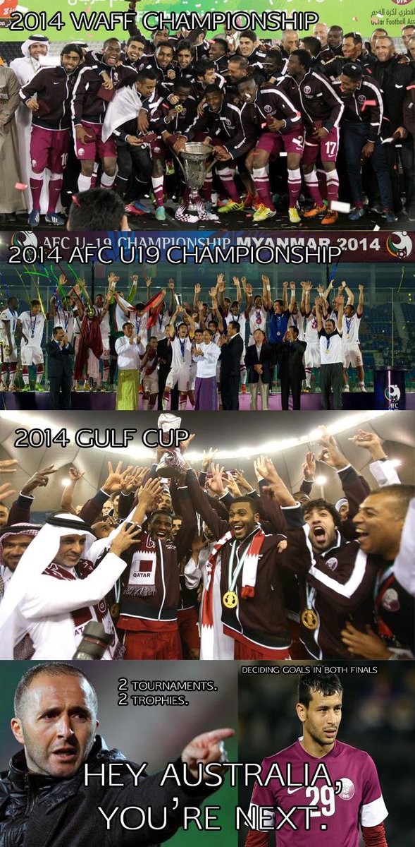 QatariFootball's tweet photo. Hey, Australia (@afcasiancup), you're next! #GulfCup22 #2014WAFF #AFCU19 (Djamel Belmadi/@KhoukhiB) http://t.co/8Pb4AQfvDv