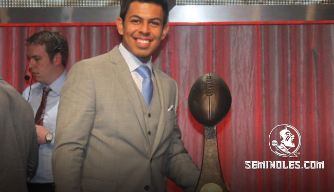 FSUFootball's tweet photo. .@FSU_Football Kicker Roberto Aguayo is going for his second Groza.

WATCH: http://t.co/BEyDp3rm1q http://t.co/Cevz4KHX0R