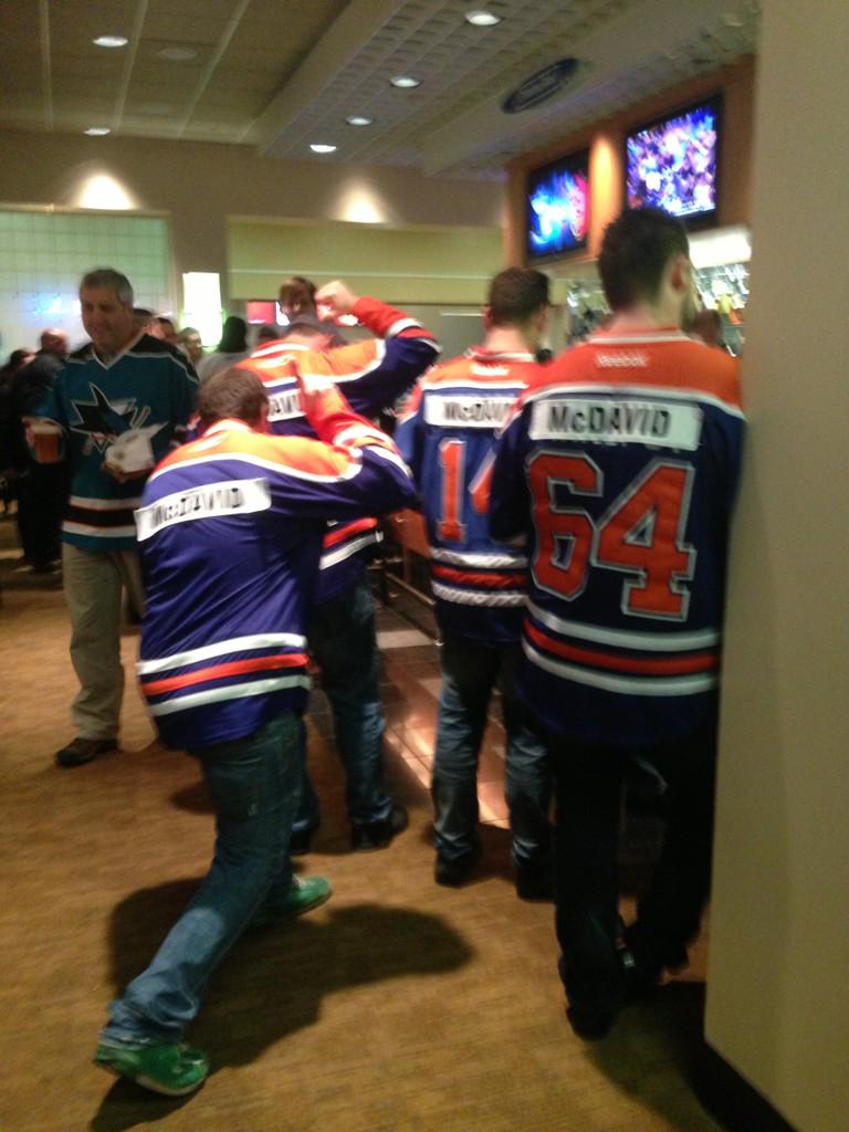 CurtisPashelka's tweet photo. Spotted some #Oilers fans at SAP Center with some adjustments to their sweaters. #sweepstakes #racefornumberone http://t.co/uZq1FtOhHb