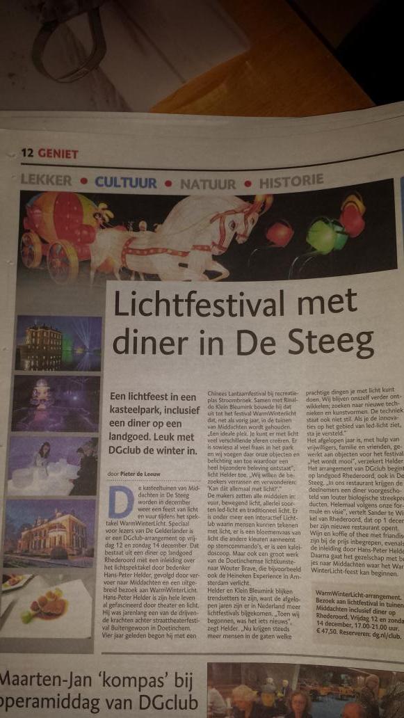 Warm Winterlicht met diner in De Steeg. Artikel in <a href="/dgachterhoek/">De Gelderlander</a> . Arrangement met DGclub.
