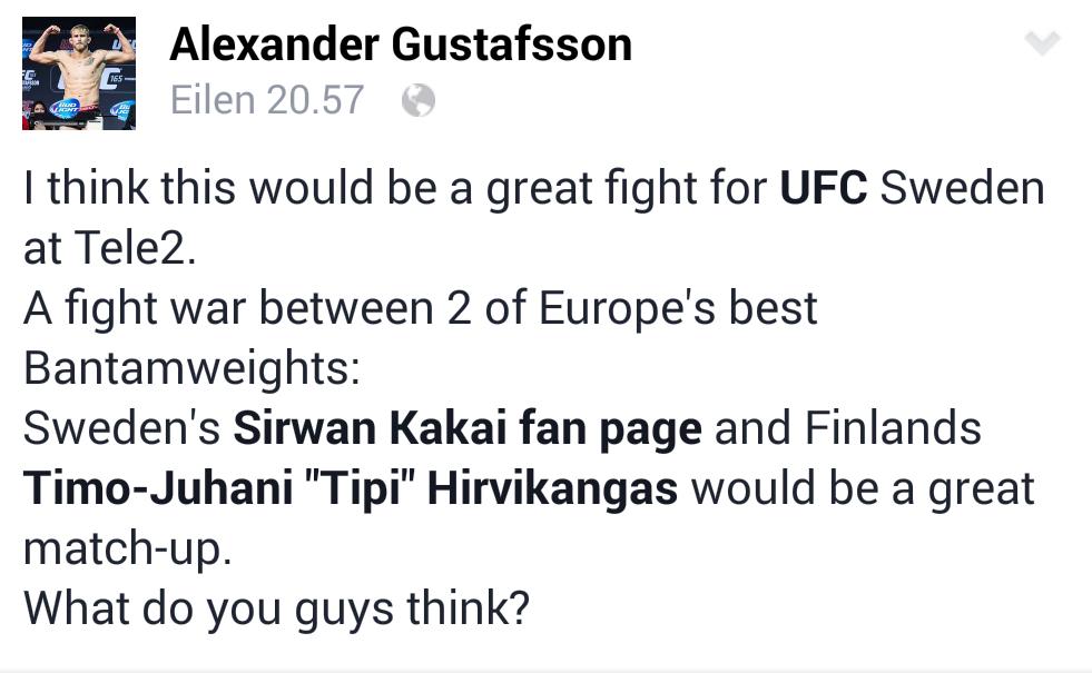 tipihirvikangas's tweet photo. Even @AlexTheMauler thinks this is a good idea! @seanshelby make it happen, Fin vs Swe in #tele2 #ufcsweden @ufc http://t.co/yjlQXm4fC0
