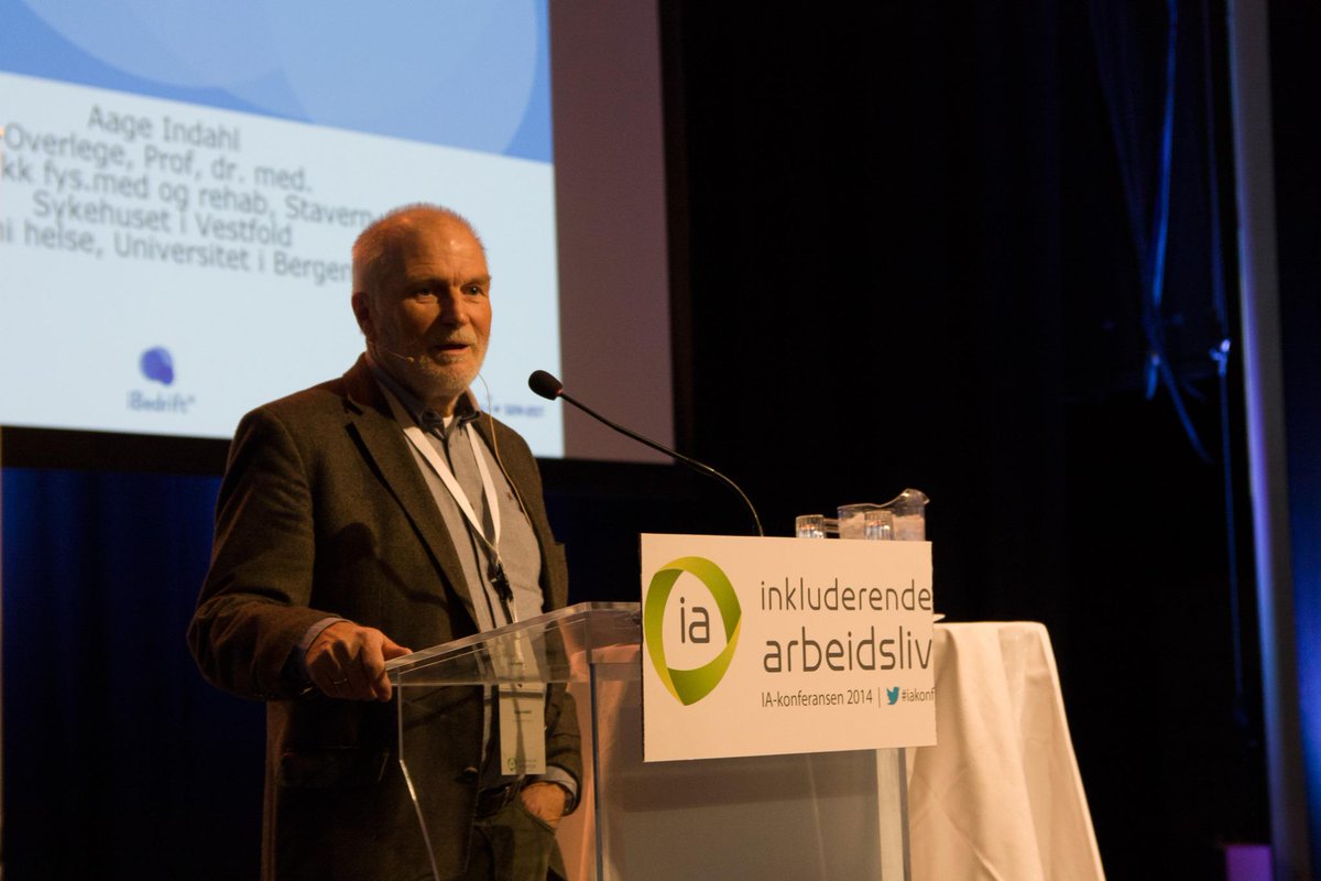 Arbeidsdep's tweet photo. Arbeid er bra for helsa. Overlege Aage Indahl fra Kysthospitalet Stavern #iakonf http://t.co/JqLcM3MBPH