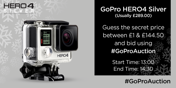 currys's tweet photo. Auction 3: @GoPro Hero4. Guess the secret price btwn £1 & £144.50 & bid with #GoProAuction http://t.co/Wn3B9xPdCp http://t.co/iCqystVPzW