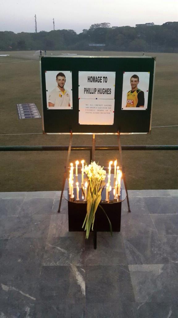 MazherArshad's tweet photo. At the end of First Class match between NBP and UBL at Islamabad, the players paid homage to Phillip Hughes. http://t.co/B3usva7fLl