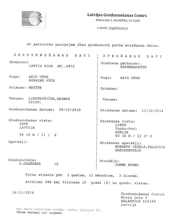 Manis gredzenota ausainā pūce 2010. gada oktobrī Papē, atrasta pēc 4 gadiem un 2 dienām Somijā, teju 500 km attālumā.