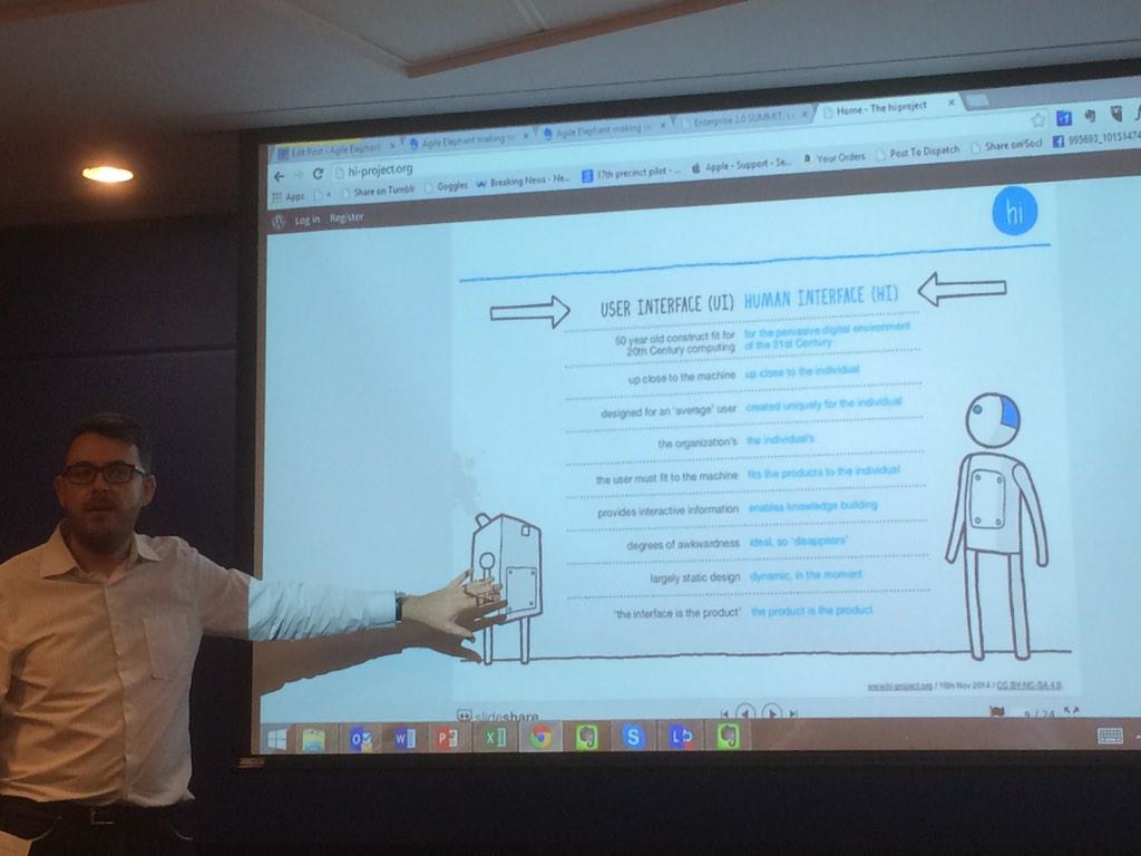 DamianCorbet's tweet photo. Refreshing: @Sheldrake talking about the HUMAN interface, a break from the User interface. HI vs UI. #EleConf http://t.co/ayjm0pX3oM
