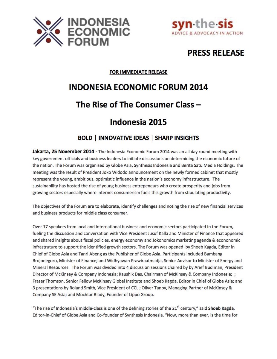 thejakartaglobe's tweet photo. Indonesia Economic Forum 2014: The Rise of the Consumer Class — Indonesia 2015 Press Release #IEF2014 http://t.co/sKkKD2vp4I