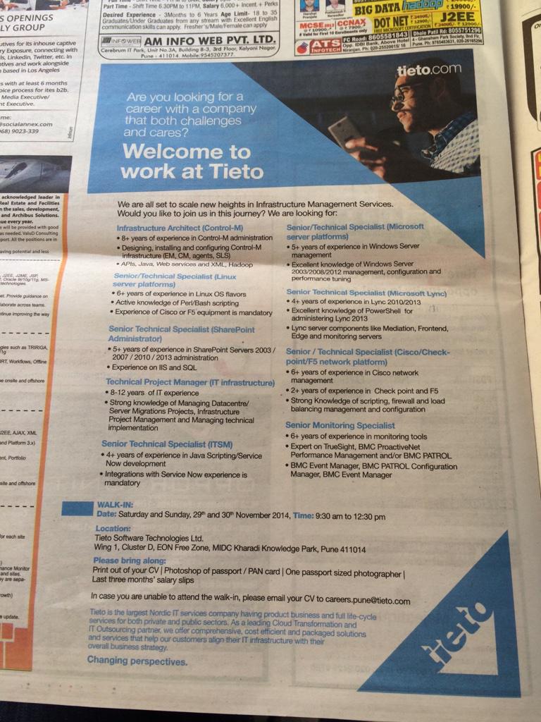 #Tieto recruiting around the world. Visiting our office in Pune and found this add in PuneTimesMirror. Want to join?