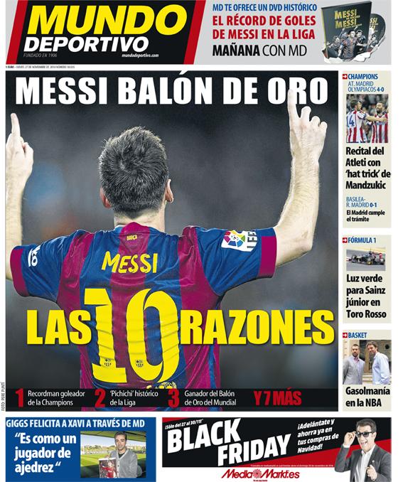 Argentina's tweet photo. [SELECCIONADOS] Lionel Messi, el protagonista de las tapas de los diarios deportivos de Barcelona. http://t.co/2AnkpMprYP
