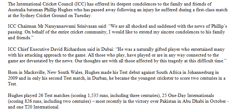 Statement from the <a href="/ICC/">ICC</a> following the death of cricketer Phillip Hughes #9News