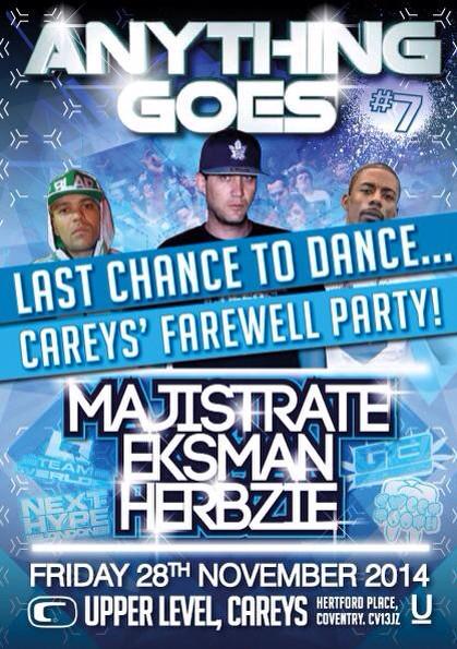 AnythingGoesHQ's tweet photo. This Friday catch @RuptionMCDPS at Anything Goes as we bid farewell to legendary venue @Careys_Coventry http://t.co/325oZ4h9Z0