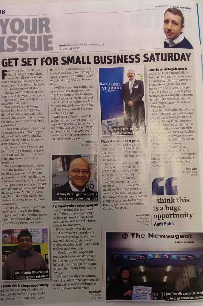 Thenewsagent's tweet photo. Great support as always from Ed and the team @RetailNewsagent mag for #ShopLocalSaturday #Newport #SLSN @ShopLocal_ http://t.co/GomqfwFmUD