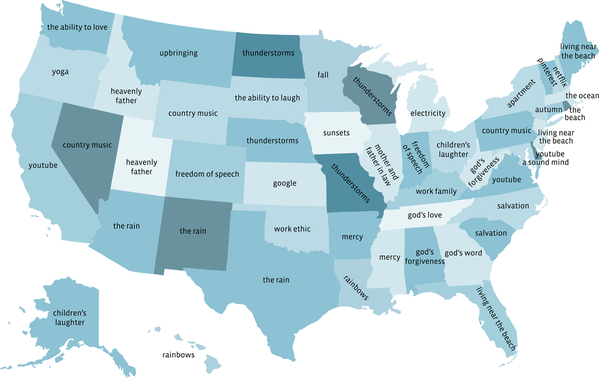 Debra_R's tweet photo. Really IL "@BrilliantMaps: Map: what we're thankful for, according to our Facebook posts - http://t.co/FjYieohLzq http://t.co/14N0qS6qaE"