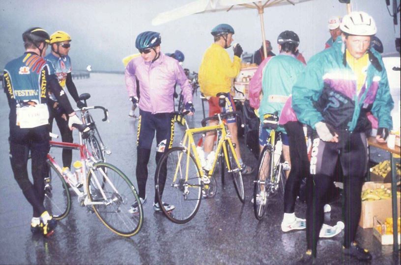 #ThrowbackThursday: This photo in 1996 shows cyclists taking a break on the Passo Fedaia during a thunderstorm.