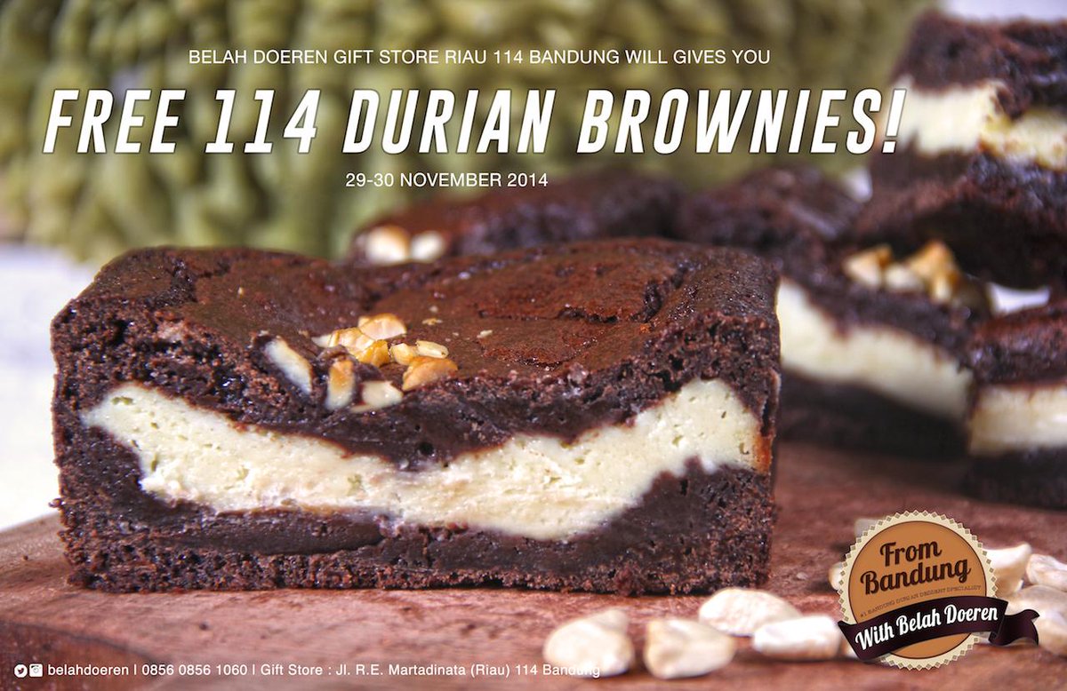 Ada 114 FREE Brownies Durian di Belahdoeren Gift Store Jl Riau 114! RT tweet ini &amp; follow <a href="/belahdoeren/">Belah Doeren</a>!