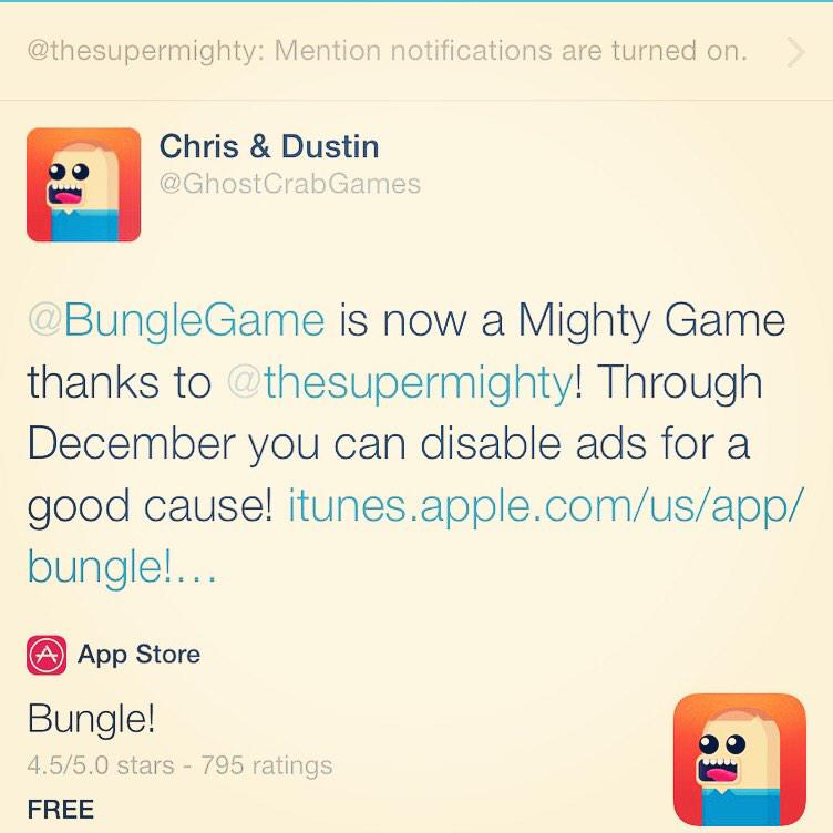 Bungle is 1 purchase from generating 100 meals to fight hunger in only a few hours! #hunger #indiedev #charity