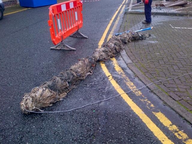 A third of the non-flushable items that stuck to the cable from CCTV in sewer - had to use Land Rover to pull it out.