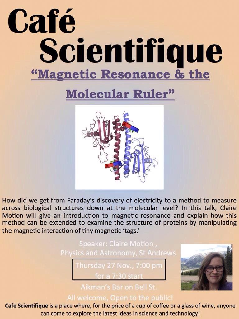 CafeSciStA's tweet photo. Magnets And molecules And beer! Oh my! Come out tonight and see @physicsclaire talk magnetic resonance! 7pm Aikmans http://t.co/NR01S4znVL