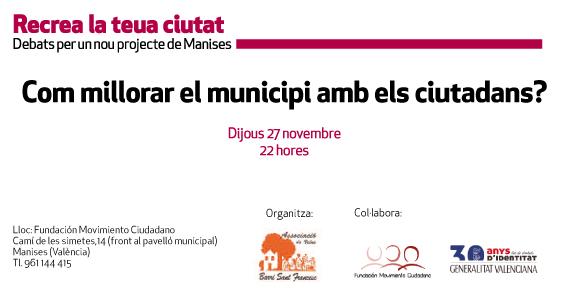 RecreaTuCiudad's tweet photo. Esta noche a partir de las 22h en la @FunMovCiu "Com millorar el municipi amb els ciutadans?" #Manises #OtroManises http://t.co/1vtFoi9Fhy