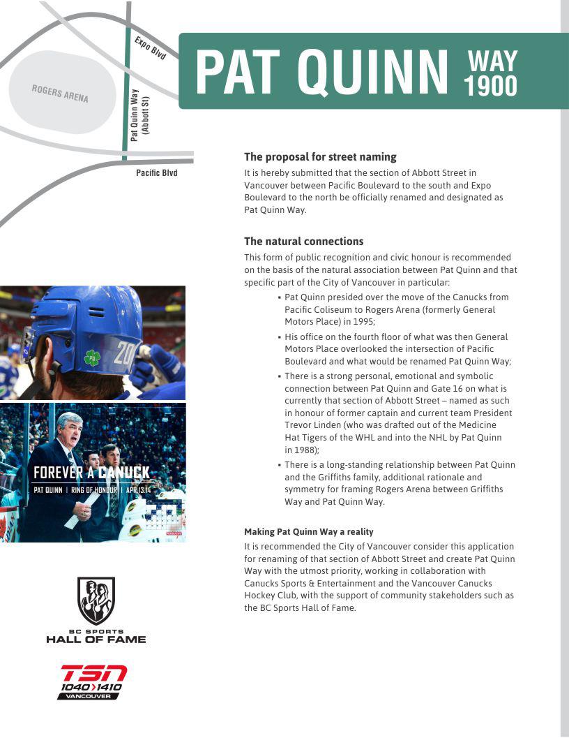 TheSportMarket's tweet photo. RT &amp; let @MayorGregor know if you support this idea to honour the late great Pat Quinn. @VanCanucks #PatQuinnWay http://t.co/CkA0HJsO4h