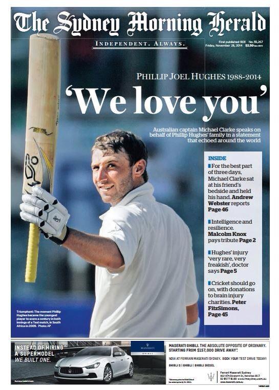 bbctms's tweet photo. Front page of the Sydney Morning Herald today #RIPHughesy http://t.co/rtnylbpszh
