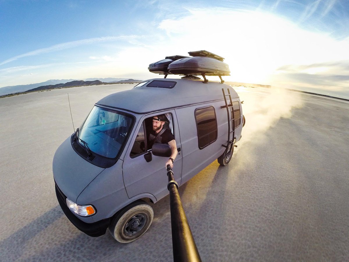 GoPro's tweet photo. Photo of the Day! @TravisBPhoto setting off on a one year advenure in his custom van. http://t.co/DVoPkuBVCH