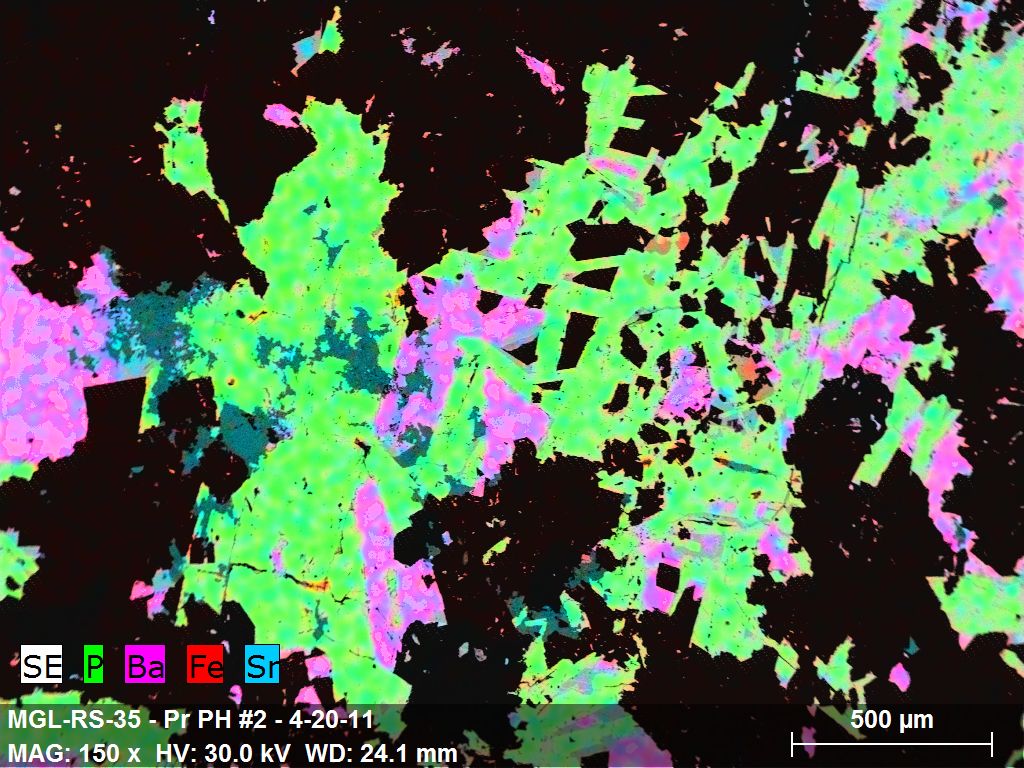 hummingbirdgeo's tweet photo. A colourful BSE map of #monazite-(Ce), #kukharenkoite-(Ce), & #strontianite in a #carbonatite. #ThinSectionThursday http://t.co/PpEuvI0g8g