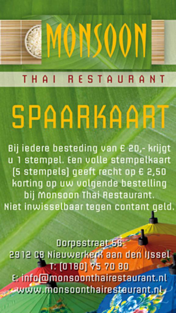 MonsoonThaiRest's tweet photo. Vanaf morgen sparen voor korting bij Monsoon! Gratis spaarkaart ligt voor u klaar. http://t.co/UhDe88aa66