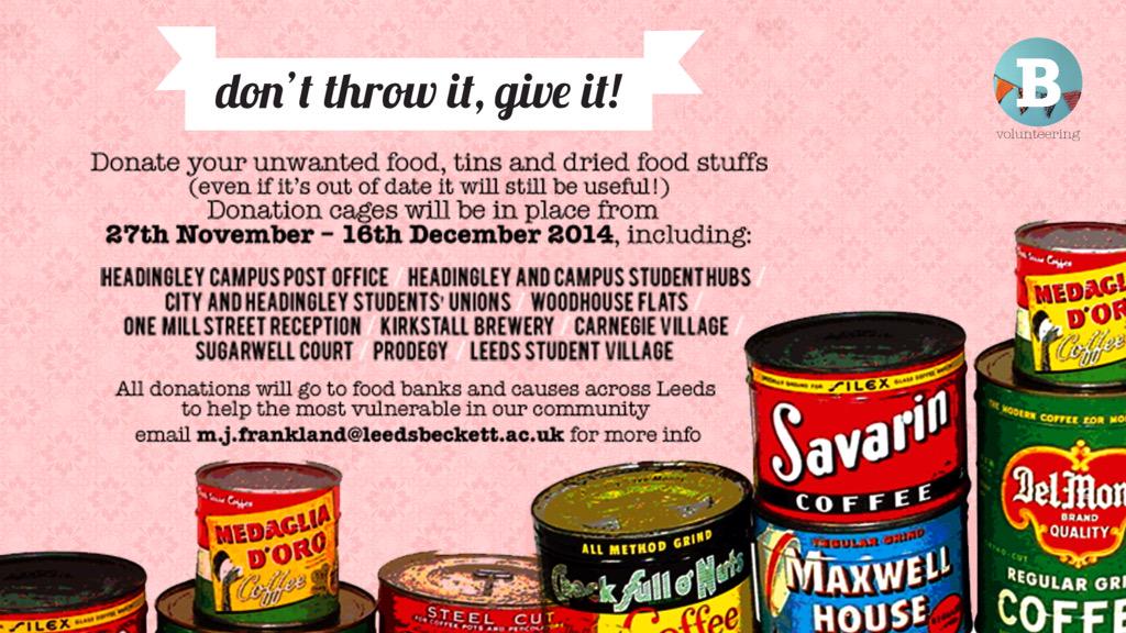 Big shout out for <a href="/leedsbeckett/">Leeds Beckett</a> @LeedsBSU who are collecting food for leeds foodbanks and other good causes. Sarah.