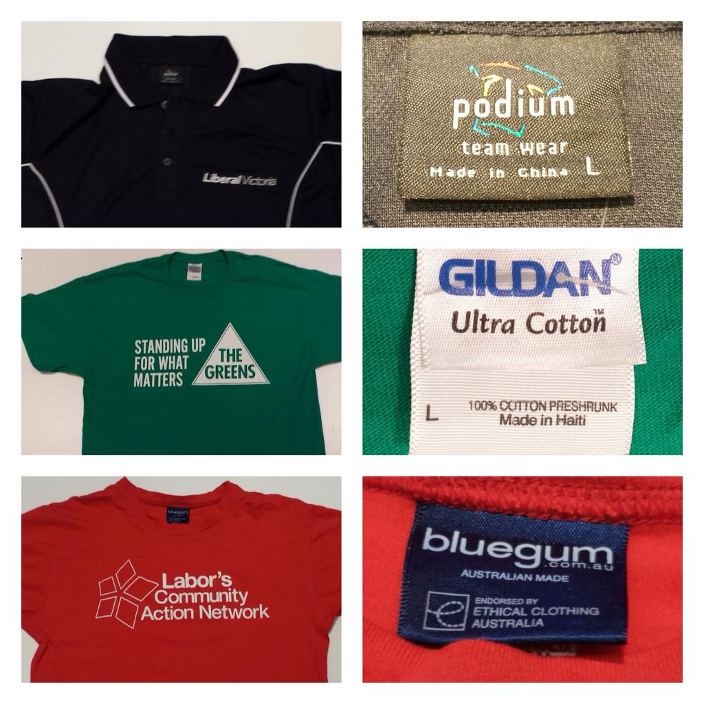 Campaign tshirts Libs-China, Greens-Haiti, Labor-Ethically made in Australia #tshirtgate #vicvotes #ausunions