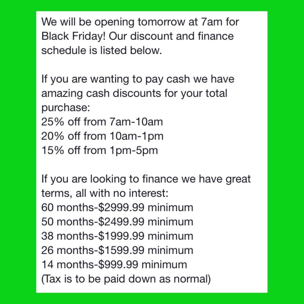 AFHSseMO's tweet photo. Here is our Black Friday discount and finance schedule! http://t.co/On7CDOD7ml