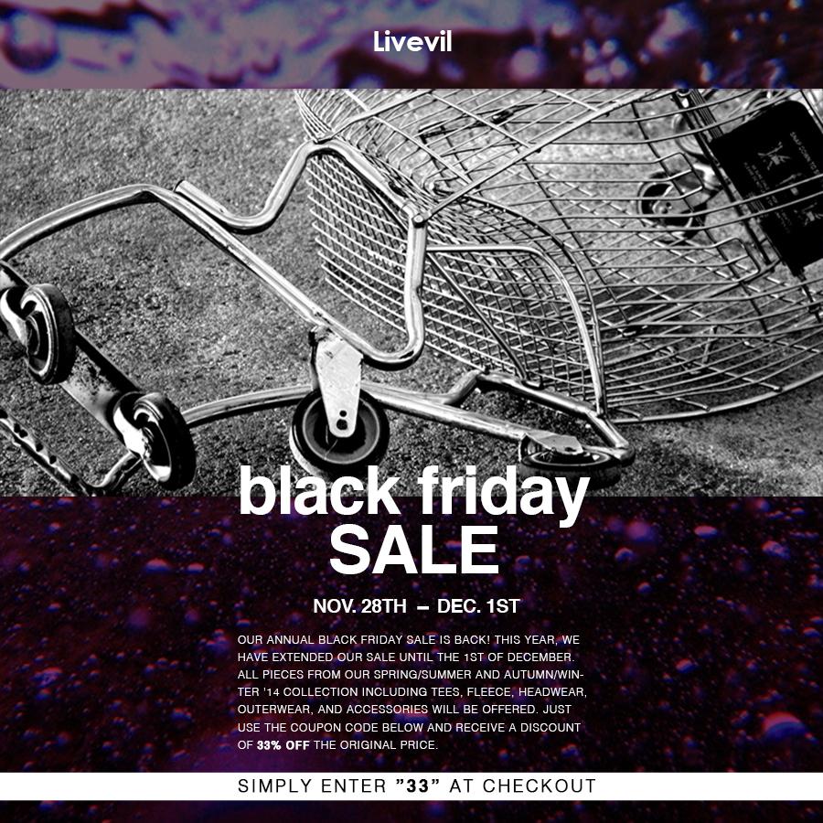 LivevilClothing's tweet photo. Receive 33% OFF all orders starting at midnight. Just use "33" at checkout! #BlackFriday #CyberMonday #Livevil http://t.co/Sm97OxWB0r