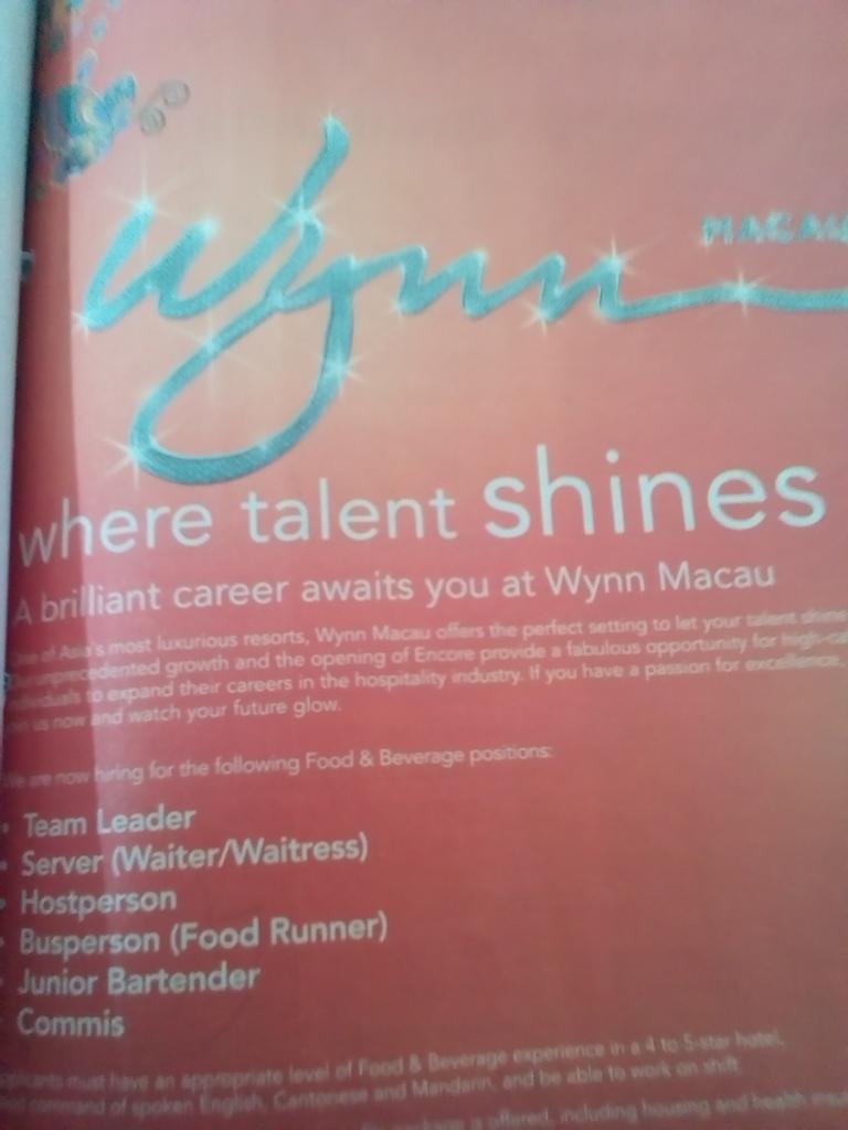 strafocus's tweet image. Wynn, Macau on recruitment drive have vacancy for ; Server, Hostess, Busperson ( Food Runner), Bartender &amp;amp; Commis.