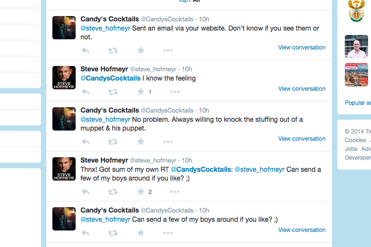chestermissing's tweet photo. Why did u, @steve_hofmeyr, threatened me with violence while I couldn't reply? You are a bully and a coward. http://t.co/1Sh5P9LW0S
