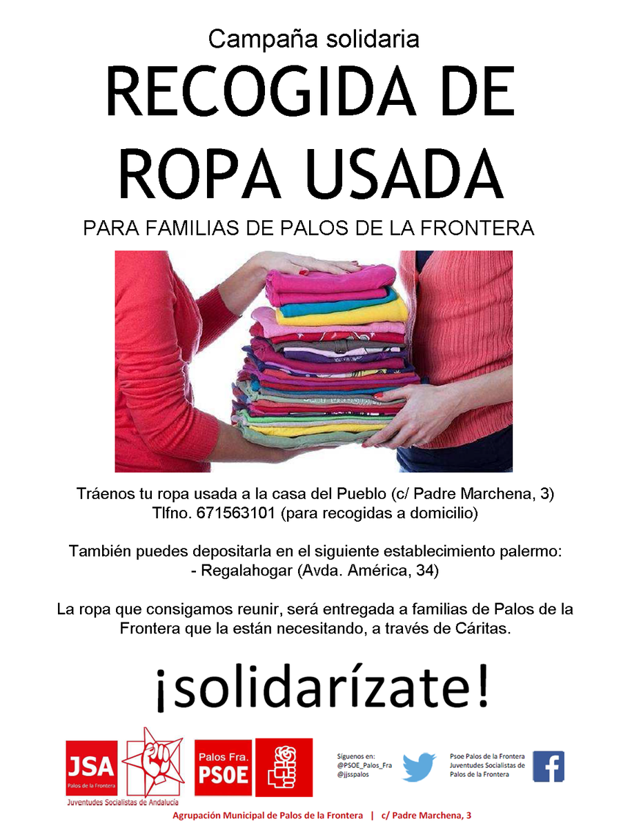 PSOE_Palos_Fra's tweet photo. Campaña de Recogida de Ropa Usada para familias palermas necesitadas. Desde hoy ya puedes colaborar. http://t.co/5B7nIxEXnF